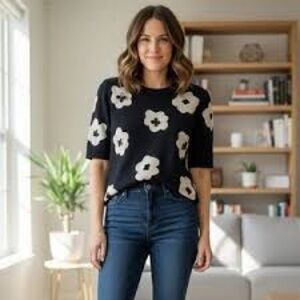 Kate Spade New York Black & White Floral And Sequin Wool Blend Sweater Sz Small